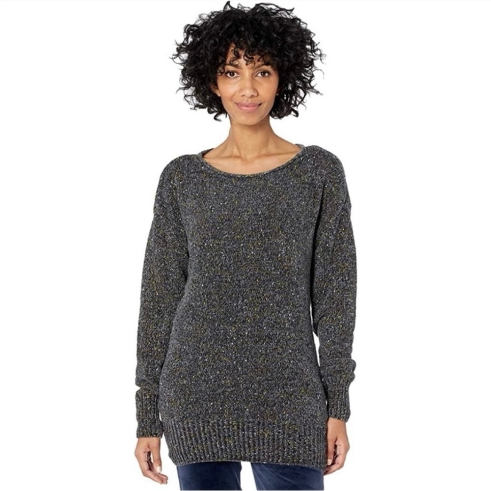 PRANA Cypris Speckled Marled Knit Sweater Gray Chenille Boatneck Tunic Size L